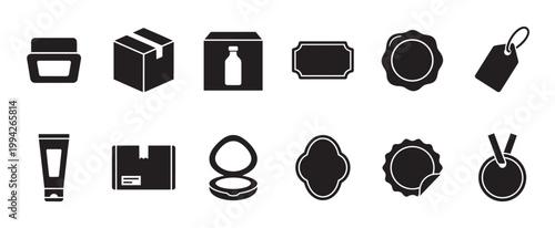 A collection of black and white vector icons featuring various product packaging, labels, tags, and awards for commercial use.