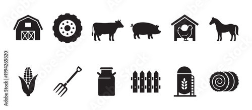 A collection of black farm-themed icons including animals like a cow, pig, chicken, and horse, along with a barn, tractor tire, corn, pitchfork, milk can, fence, silo, and hay bale.