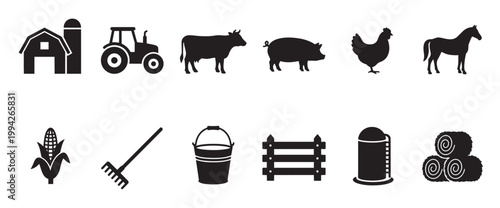A collection of black silhouette icons depicting various farm animals and equipment, suitable for illustrating agricultural themes.