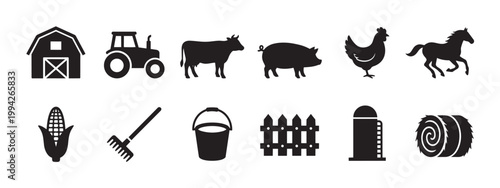 Collection of black silhouette icons representing farm animals like cows, pigs, chickens, and horses, along with essential farm objects and structures.