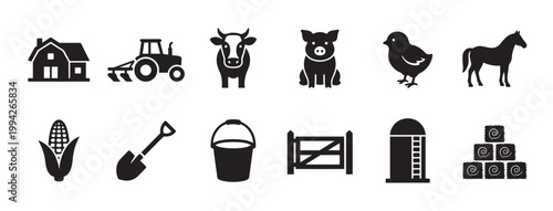 A collection of black and white silhouette icons depicting various farm elements, including animals, buildings, and tools, on a white background.