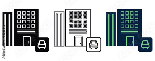 Modern office building with car parking icons set in silhouette, outline, and flat color styles for real estate and corporate business design.
