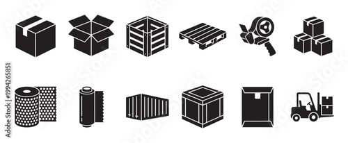 Collection of black silhouette icons depicting various shipping and logistics elements, including boxes, crates, pallets, tape, and forklifts, on a white background.