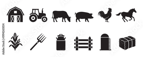 A graphic collection of farm-related icons presented as black silhouettes on a white background, ideal for agricultural themes.
