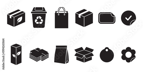 Collection of black flat design icons representing eco friendly packaging, shipping, and recycling elements on a white background.