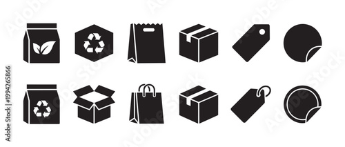 A collection of clean, black, flat design icons representing various packaging elements including bags, boxes, tags, and stickers on a white background.
