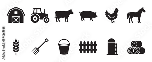 A collection of black vector icons representing various farm elements including a barn, tractor, cow, pig, chicken, horse, wheat, pitchfork, bucket, fence, silo, and hay bales.