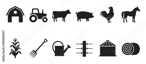 A collection of black silhouette icons representing various farm elements including a barn, tractor, cow, pig, rooster, horse, corn, pitchfork, watering can, fence, silo, and hay bale.