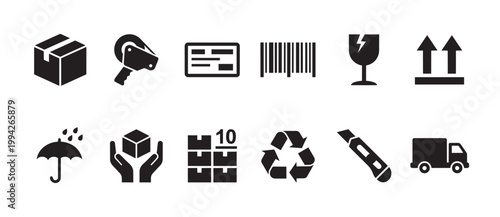 A collection of black vector icons representing various aspects of shipping, packaging, and logistics, including boxes, tape, fragility, and delivery.