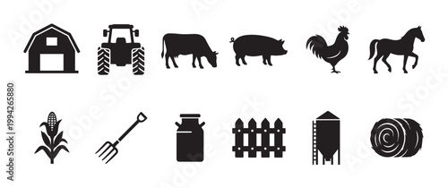Collection of black silhouette icons representing farm life including animals crops machinery and buildings on a white background.