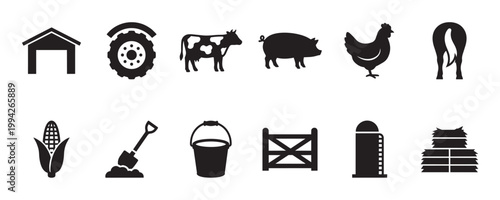 Collection of simple black silhouette icons representing various farm elements including animals, buildings, and equipment on a white background.
