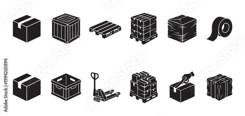 Collection of black and white isometric icons depicting various shipping and delivery elements, including boxes, pallets, and tape, ideal for logistics and e-commerce concepts.