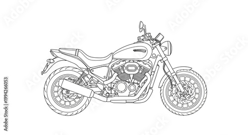 Black and White Line Art Illustration of a Cruiser Motorcycle