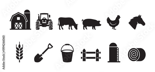 A collection of black vector silhouette icons representing various farm elements including a barn, tractor, cow, pig, chicken, horse head, wheat stalk, shovel, bucket, fence, and hay bale.
