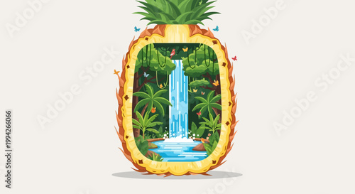 Exotic Pineapple Portal to a Lush Waterfall Jungle Paradise with Butterflies