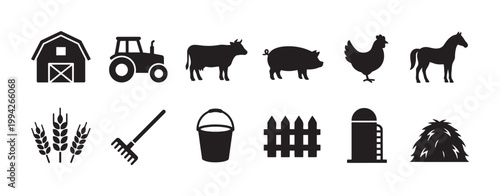 Collection of black silhouette icons representing various farm elements including animals like cows, pigs, chickens, horses, and equipment such as tractors, barns, silos, and tools.