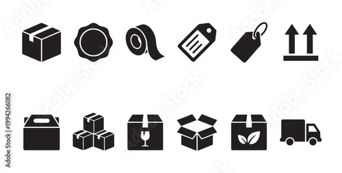 A collection of black and white vector icons representing various shipping and logistics elements like boxes, tags, tape, and a truck, useful for e-commerce and delivery services.