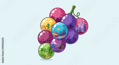 A vibrant concept illustration of diverse worlds, each grape sphere encapsulating a miniature ecosystem from bustling cities to serene nature and coral reefs