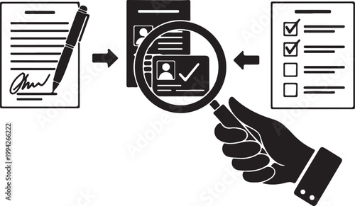 Illustration depicting a document being reviewed under a magnifying glass, alongside a checklist and a signature, symbolizing verification and approval processes in business and legal contexts