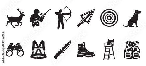A collection of black silhouette icons representing various hunting elements, including animals, people, and equipment, ideal for graphic design and editorial use.