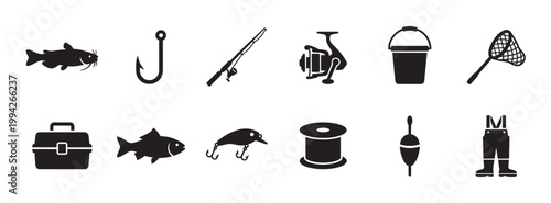 A collection of black silhouette icons representing various fishing equipment, including fish, rod, reel, lure, bucket, and waders, perfect for illustrating outdoor recreation and hobbies.