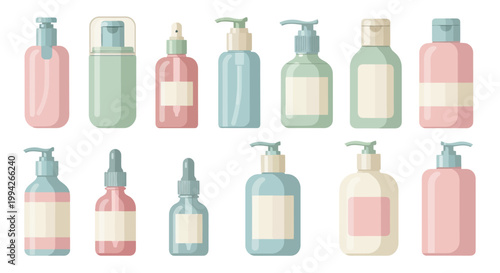 Collection of various cosmetic and skincare bottles with pumps and droppers