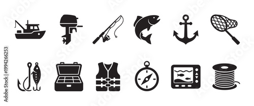 A collection of black vector icons representing various fishing equipment and tools, perfect for graphics on marine or recreational themes.