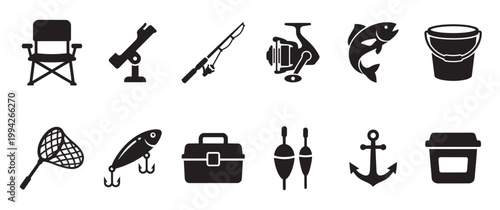 Collection of simple black icons representing various fishing equipment on a white background, including a chair, rod, reel, fish, and tackle box.