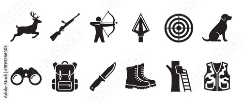 Collection of black and white hunting icons including a deer, rifle, bow hunter, arrow, target, dog, binoculars, backpack, knife, boots, tree stand, and vest.