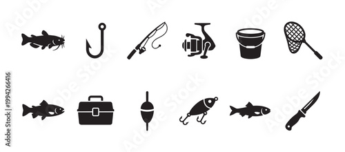A collection of black silhouette icons representing various fishing equipment, including fish, rods, reels, hooks, and tackle boxes, perfect for design projects.