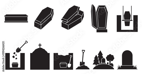 A collection of black and white graphic icons depicting coffins, graves, and burial elements, representing funerals and death.
