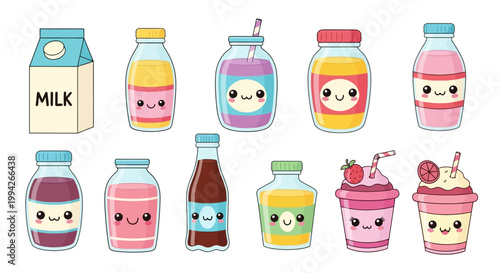 Kawaii drinks and beverages collection, a set of cute cartoon beverage illustrations with happy faces