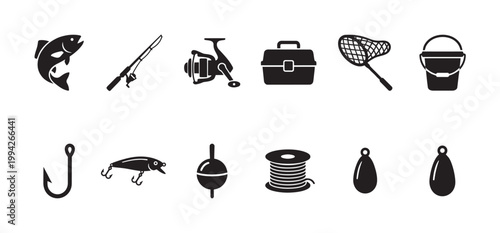 A clean, black and white vector graphic displays a collection of essential fishing gear, perfect for illustrating outdoor hobbies and recreation.