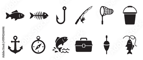 A collection of black silhouette icons representing fishing gear and marine elements, perfect for outdoor activity and sport themes.