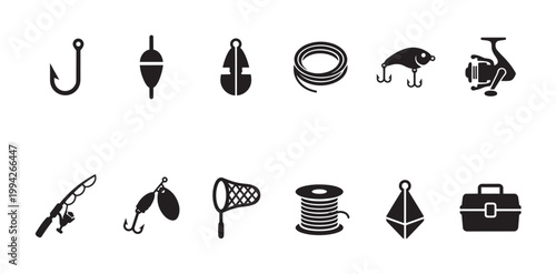 A set of black vector icons representing various fishing equipment and accessories displayed on a white background, perfect for use in design projects.