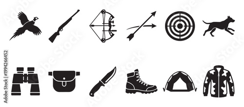 A collection of black vector icons representing hunting and outdoor recreation, including a pheasant, rifle, bow and arrow, dog, binoculars, and more.
