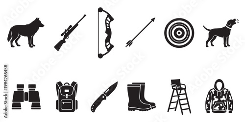 A collection of black silhouette icons representing various hunting and outdoor equipment arranged in two rows against a white background for versatile use.