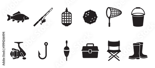 A clean black and white graphic design features a collection of ten essential fishing equipment icons, perfect for web or print.