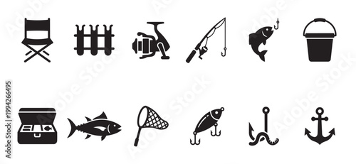 A collection of black silhouette icons representing various fishing equipment and symbols, including a chair, rods, reel, fish, bucket, net, lure, hook, worm, and anchor.