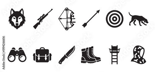 A collection of black silhouette icons depicting hunting gear and animals, suitable for graphic design and outdoor themes.
