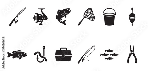 A collection of black vector icons depicting various fishing equipment and elements, including rods, reels, fish, nets, and bait, suitable for outdoor recreation themes.