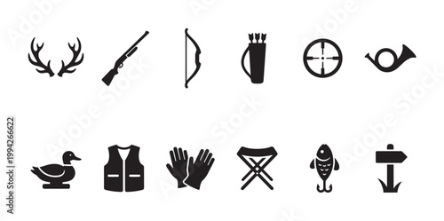 A collection of black silhouette icons representing hunting and fishing gear and symbols, including antlers, a rifle, bow and arrows, and a fishhook.