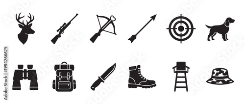 A clean, modern collection of black silhouette icons representing various hunting and outdoor equipment, perfect for graphic design and infographics.