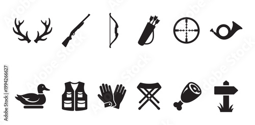 A clean graphic illustration set featuring black silhouette icons related to hunting, including antlers, shotgun, bow, arrows, scope, horn, duck, vest, gloves, stool, meat, and signpost.