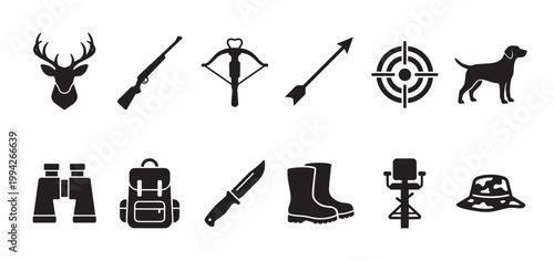 A collection of black silhouette icons representing hunting equipment and wildlife, including a deer head, rifle, crossbow, arrow, target, dog, binoculars, backpack, knife, boots, stool, and hat.
