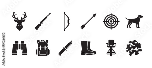 Set of black hunting icons on a white background including a deer head, rifle, bow, arrow, target, dog, binoculars, backpack, knife, boots, chair, and camouflage.