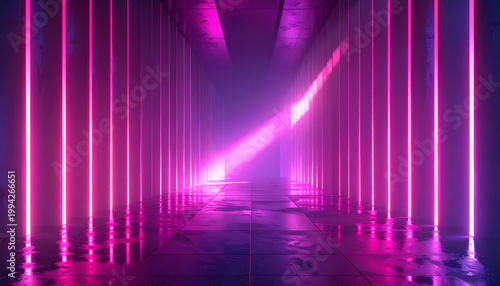 A futuristic, minimalist corridor is illuminated by vibrant pink neon lights, creating a surreal and captivating atmosphere with a dramatic light beam.