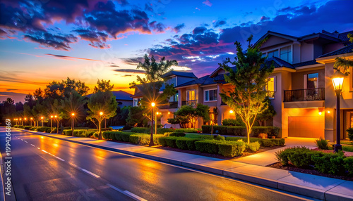A picturesque residential street lined with elegant homes glows under a vibrant sunset sky, creating a serene and inviting suburban scene.