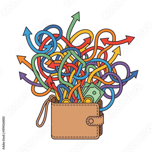 Wallet with Chaotic Tangled Arrows Representing Spending