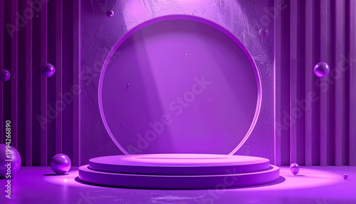 A vibrant purple studio setting features a circular backdrop and a tiered platform, accented by floating spheres, creating a modern and artistic display space.